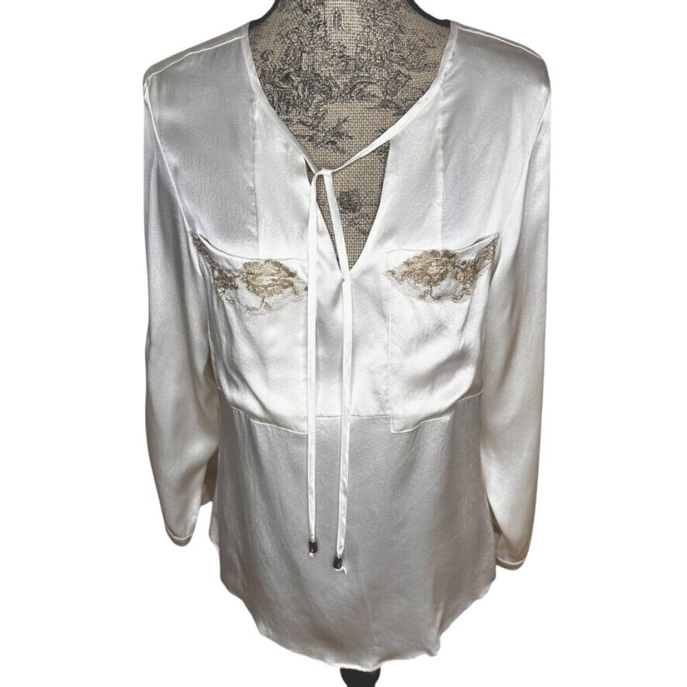 Vanita Rosa Women Ivory Silk Long Tab Sleeve Blouse Gold Lace Details Pockets  M